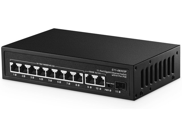11 Port Gigabit POE Switch, 8 POE+ 1000Mbps, 2 Gigabit Uplink, 1 Gigabit SFP, IEEE802.3af/at, 135W Power Supply, Metal Case Unmanaged Plug and Play...