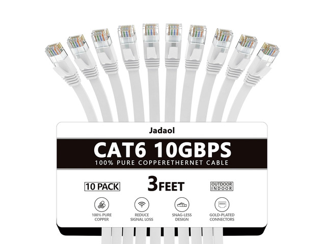 Jadaol Cat6/Cat6A Ethernet Cable 3FT 10Pack Flat 10Gbps Network Cable White