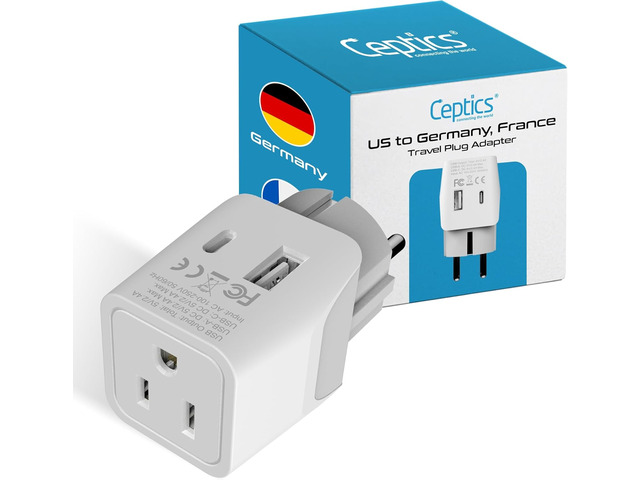 Ceptics Schuko, Germany, France, Spain Travel Adapter Plug with USB-A+USB-C- Usa Input Type E/F - Ultra Compact Perfect for Cell Phones, Laptop,...