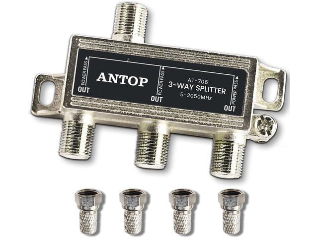 3 Way TV Signal Splitter,ANTOP Digital Coax Cable Splitter 2GHz- 5-2050MHz High Performance for Satellite/Cable TV Antenna