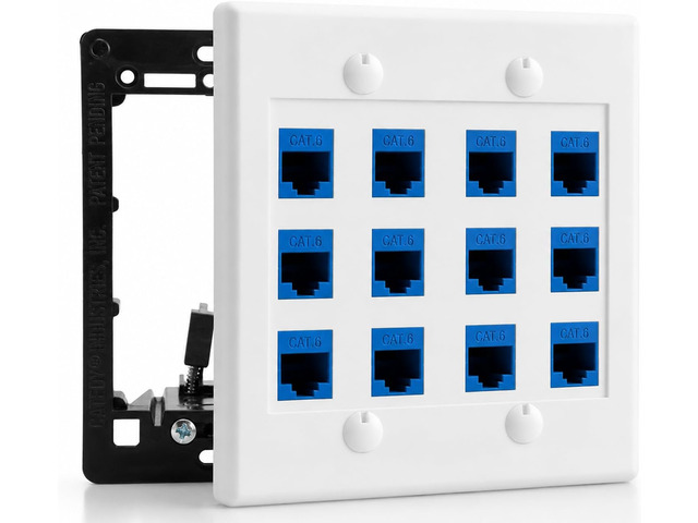 DIYTECH 12 Port Ethernet Wall Plate, Cat 6, Wall Outlet, RJ45 Female to Female Keystone Jacks - White