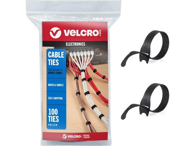 VELCRO Brand ONE-WRAP Cable Ties, 100Pk, 8 x 1/2 Black Cord Organization Straps, Thin Pre-Cut Design, Wire Management for Organizing Home, Office...