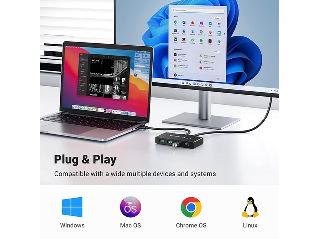 UGREEN USB 3.0 Switch Selector 2 Computers Share 4 USB 3.0 Ports KVM Switcher USB for PC Laptop Keyboard Mouse Printer Scanner One Button Switch...
