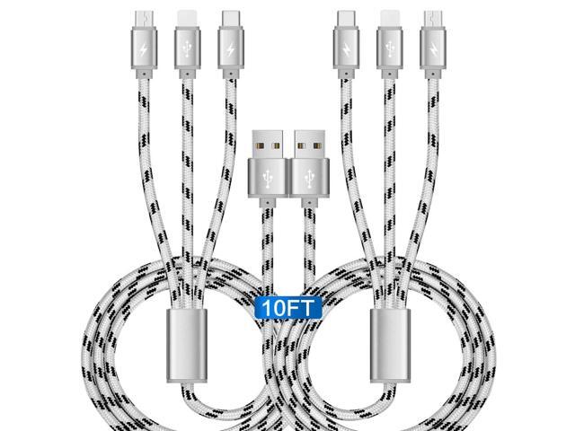 KEHIPI 10Ft Multi Charging Cable 3A 2-Pack Braided Fast Charging 3-in-1 Multiple Charger Cable with IP/Micro USB/Type C Adapter Port for Cell...