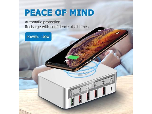 KEHIPI Charging Station, 100W 6-Port USB Fast Charger with QC 3.0 & PD, Compatible with Apple & Other Brand Cell Phones