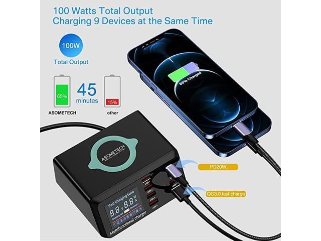 KEHIPI USB Charger Hub 100W 8-Port Desktop Multiple USB Charging Station with PD Port, Quick Charge 3.0 USB Port, Wireless Charger, LCD Display...