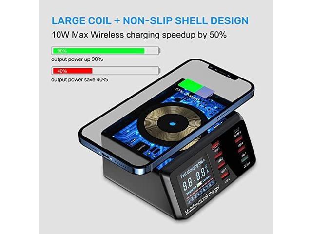 KEHIPI USB Charger Hub 100W 8-Port Desktop Multiple USB Charging Station with PD Port, Quick Charge 3.0 USB Port, Wireless Charger, LCD Display...