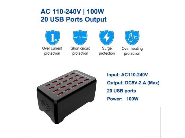 KEHIPI 20-Port USB Charger Station, 100W/20A, Compatible with Smartphones, Tablets, and Other USB Devices