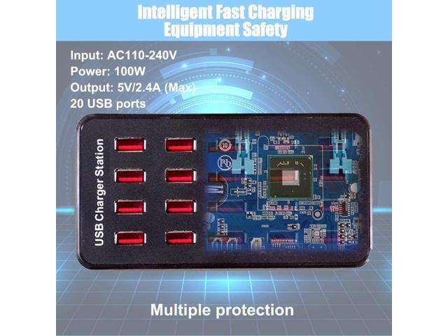 KEHIPI 20-Port USB Charger Station, 100W/20A, Compatible with Smartphones, Tablets, and Other USB Devices
