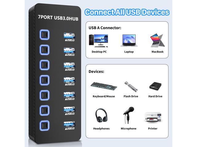 KEHIPI USB Hub 3.0 7 Port, USB Data Hub Splitter with LED Individual On/Off Switches and Lights, 5Gbps High Speed USB Port Expander for MacBook,...