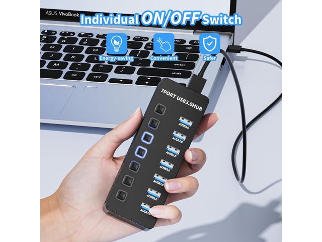 KEHIPI USB Hub 3.0 7 Port, USB Data Hub Splitter with LED Individual On/Off Switches and Lights, 5Gbps High Speed USB Port Expander for MacBook,...