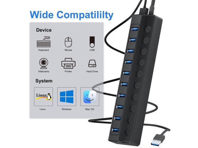 KEHIPI Powered USB Hub 3.0, 10-Port USB Splitter Hub with Individual On/Off Switches and 12V/2A Power Adapter USB Extension