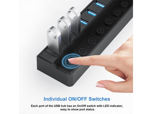 KEHIPI Powered USB Hub 3.0, 10-Port USB Splitter Hub with Individual On/Off Switches and 12V/2A Power Adapter USB Extension