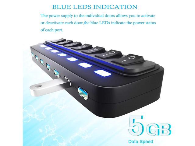 KEHIPI USB Hub 3.0, 7 Port USB Hub Splitter with Individual On/Off LED Switches, 5Gbps HighSpeed Data USB Extension for Laptop, iMac, USB Flash...