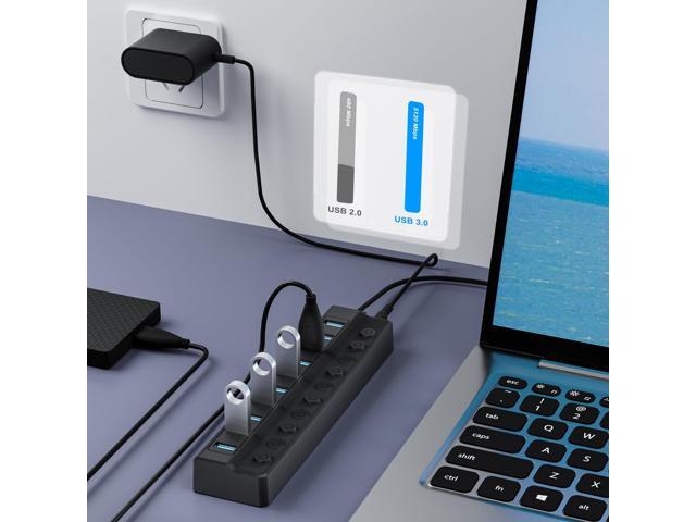 KEHIPI Powered USB Hub 3.0, 10-Port USB Splitter Hub with Individual On/Off Switches and 12V/2A Power Adapter USB Extension