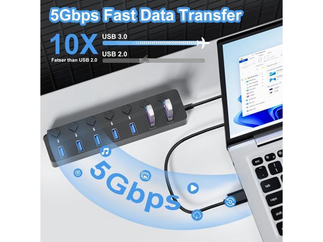KEHIPI USB Hub 3.0, 7-Port USB Hub Splitter with Individual On/Off Switches and Lights, 3.2ft/1m Long Cable Compatible with MacBook, Laptop,...