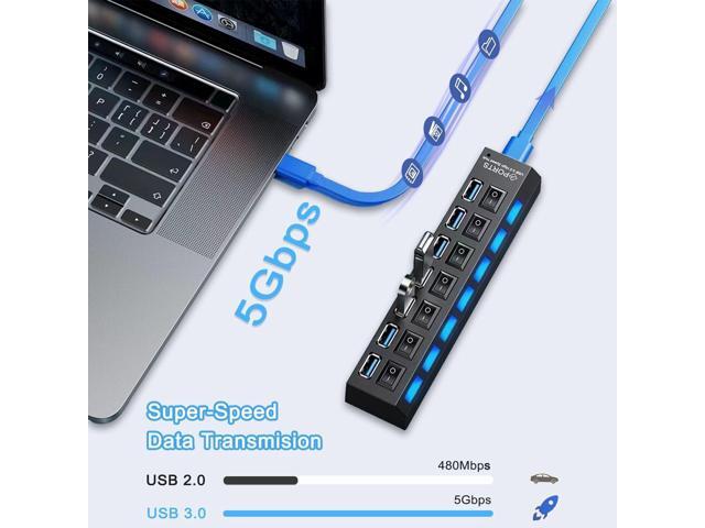 KEHIPI USB Hub 3.0, 7-Port USB Extender Splitter with Individual LED ON/Off Switches, USB3.0 Hub for Laptop, PC, MacBook, Mac Pro, Mac mini, iMac,...
