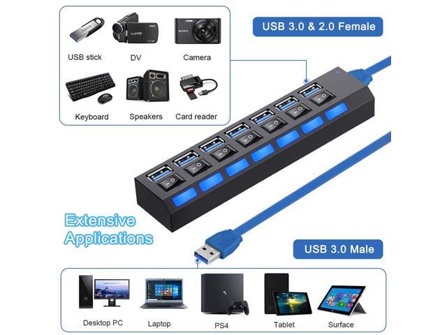 KEHIPI USB Hub 3.0, 7-Port USB Extender Splitter with Individual LED ON/Off Switches, USB3.0 Hub for Laptop, PC, MacBook, Mac Pro, Mac mini, iMac,...
