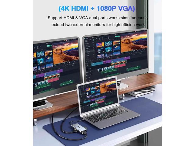 KEHIPI 11-in-1 USB C Hub, Laptop Docking Station with RJ45 Gigabit Ethernet, 4K HDMI, 1080P VGA, SD/Micro SD Card Reader, 3.5 mm Audio Aux Jack, PD...