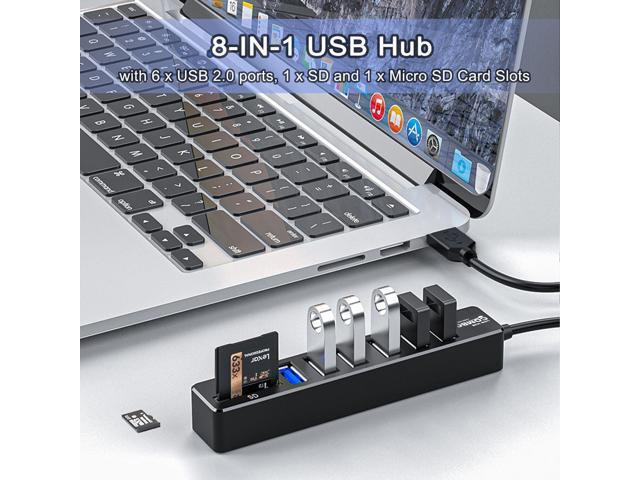 KEHIPI USB Hub with SD/TF Card Reader, 8 in 1 USB Extender USB Splitter with SD/Micro SD Memory Card Reader and 6 USB 2.0 Ports for PC, Laptops,...