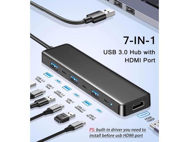 KEHIPI USB 3.0 to HDMI Adapter (7-in-1), USB 3.0 Hub with HDMI 1080P, USB C Data & Power Ports, Docking Station for Monitor, PC, Laptop, Desktop...