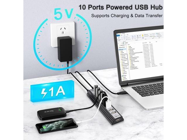KEHIPI Powered USB Hub 2.0, 10-Port USB Hub USB Extender Splitterwith Individual LED Indicator Light for MacBook, PC, Laptop, Desktop