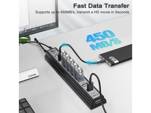 KEHIPI Powered USB Hub 2.0, 10-Port USB Hub USB Extender Splitterwith Individual LED Indicator Light for MacBook, PC, Laptop, Desktop