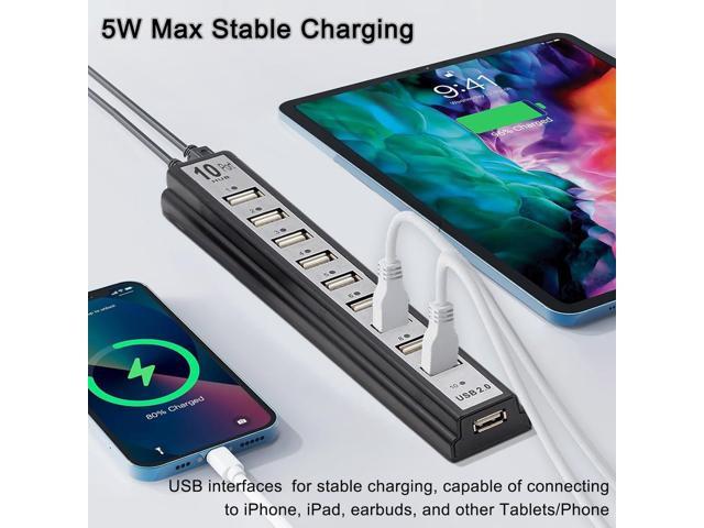 KEHIPI Powered USB Hub 2.0, 10-Port USB Hub USB Extender Splitterwith Individual LED Indicator Light for MacBook, PC, Laptop, Desktop