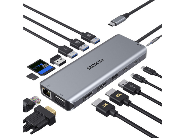 14 in 1 USB-C Docking Station - Dual Monitor Laptop Dock with 2 HDMI, VGA, 5 USB, SD/TF for Dell/Surface/HP/Lenovo Laptops