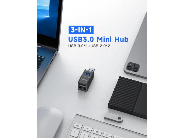 KEHIPI 3 Ports USB Adapter, USB Hub with USB 3.0 and Double USB Adapter, Portable USB Splitter 1 in 3 Out for Keyborad, Mobile Hard Disk, U Disk,...