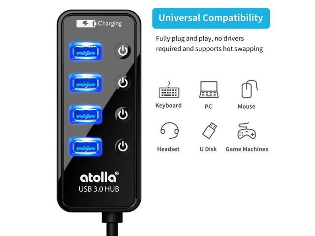 KEHIPI 4-Port USB 3.0 Hub with 4 Data Ports, 1 Smart Charging Port, Individual On/Off Switches and 5V/3A Adapter