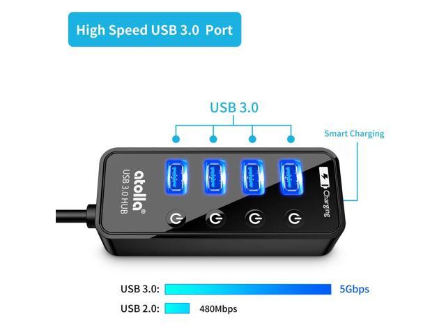 KEHIPI 4-Port USB 3.0 Hub with 4 Data Ports, 1 Smart Charging Port, Individual On/Off Switches and 5V/3A Adapter