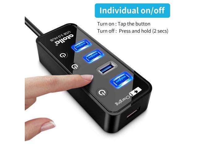 KEHIPI 4-Port USB 3.0 Hub with 4 Data Ports, 1 Smart Charging Port, Individual On/Off Switches and 5V/3A Adapter