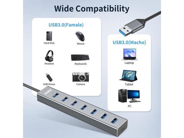 KEHIPI Aluminum 7-Port USB 3.0 Hub with 1m Extension Cable - 5Gbps High-Speed Data Transfer for MacBook Pro, Laptop, PC, Gaming Setup-Gray
