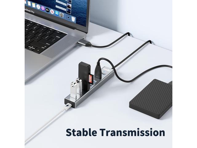 KEHIPI Aluminum 7-Port USB 3.0 Hub with 1m Extension Cable - 5Gbps High-Speed Data Transfer for MacBook Pro, Laptop, PC, Gaming Setup-Gray