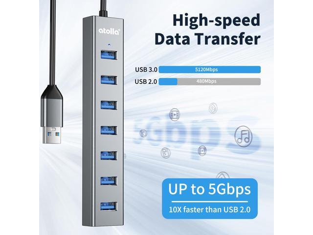 KEHIPI Aluminum 7-Port USB 3.0 Hub with 1m Extension Cable - 5Gbps High-Speed Data Transfer for MacBook Pro, Laptop, PC, Gaming Setup-Gray