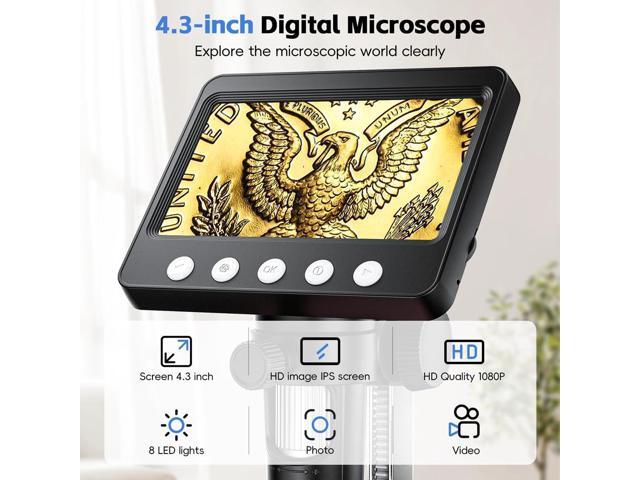KEHIPI 4.3' Digital Microscope for Adults, Coin Microscope1000X Magnification with 8 Ajustable LED Fill Lights, USB Microscope for Windows/MacOS,...