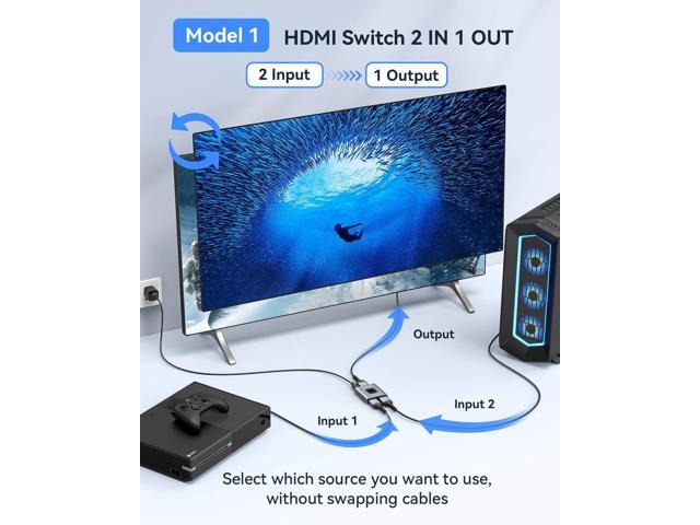 KEHIPI HDMI Switch 4K@60Hz Splitterwith 3FT HDMI Cable, Aluminum Bidirectional HDMI Switcher 2 in 1 Out, HDMI Hub for 3D, HDR, Compatible with...