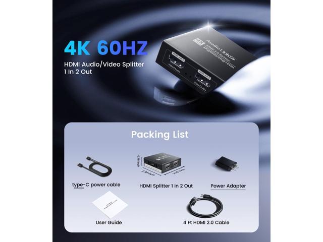 KEHIPI HDMI Splitter 1 in 2 Out 4K@60Hz w/ 4ft HDMI Cable, HDCP Bypass HDMI Audio Splitter for Soundbar, Support Dobly Vision/Atmos 7.1ch,Down...