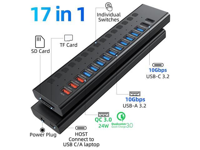 KEHIPI Powered USB Hub 10Gbps, 17 Ports 96W USB 3.2 Hub(10 USB-A 3.2 Ports+3 QC 24W Fast Charging Ports+2 USB-C 3.2 Ports+SD/TF Card Reader),...