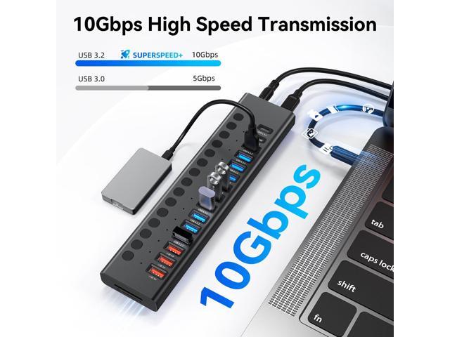 KEHIPI Powered USB Hub 10Gbps, 17 Ports 96W USB 3.2 Hub(10 USB-A 3.2 Ports+3 QC 24W Fast Charging Ports+2 USB-C 3.2 Ports+SD/TF Card Reader),...
