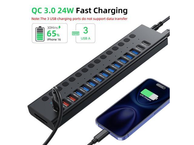 KEHIPI Powered USB Hub 10Gbps, 17 Ports 96W USB 3.2 Hub(10 USB-A 3.2 Ports+3 QC 24W Fast Charging Ports+2 USB-C 3.2 Ports+SD/TF Card Reader),...