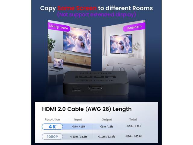 KEHIPI HDMI Splitter 4K@60Hz, HDMI Splitter 1 in 2 Out-Not Extended Display(Only Mirror Screens), Support 3D Dol-by Vision Atmos HDMI2.0b, HDCP2.2,...