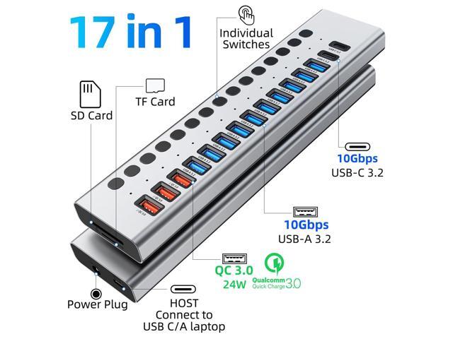 KEHIPI Powered USB Hub 10Gbps, 17 Ports 96W USB 3.2 Hub(10 USB-A 3.2 Ports+3 QC 24W Fast Charging Ports+2 USB-C 3.2 Ports+SD/TF Card Reader),...