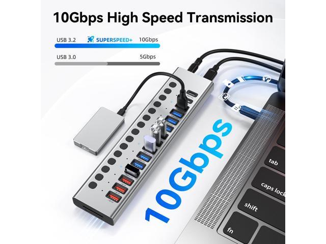 KEHIPI Powered USB Hub 10Gbps, 17 Ports 96W USB 3.2 Hub(10 USB-A 3.2 Ports+3 QC 24W Fast Charging Ports+2 USB-C 3.2 Ports+SD/TF Card Reader),...