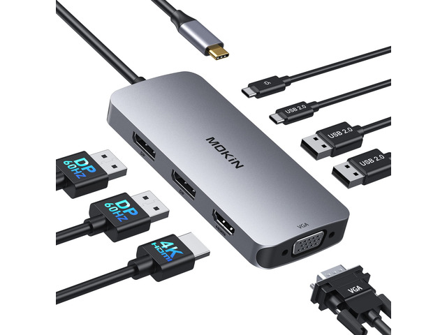 USB C Docking Station Dual DisplayPort, 8 in 1 USB Hub with 2 DP, HDMI, VGA, USB C 2.0, A 2.0, PD Charging Port, Multi Monitor Adapter for...