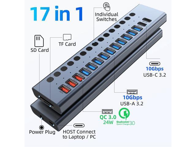 KEHIPI Powered USB Hub 10Gbps, 17 Ports 96W USB 3.2 Hub(10 USB-A 3.2 Ports+3 QC 24W Fast Charging Ports+2 USB-C 3.2 Ports+SD/TF Card Reader),...