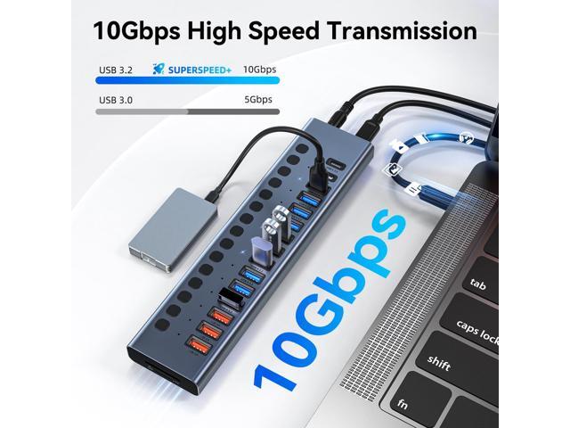 KEHIPI Powered USB Hub 10Gbps, 17 Ports 96W USB 3.2 Hub(10 USB-A 3.2 Ports+3 QC 24W Fast Charging Ports+2 USB-C 3.2 Ports+SD/TF Card Reader),...