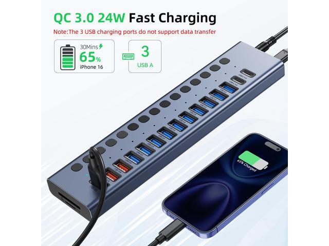 KEHIPI Powered USB Hub 10Gbps, 17 Ports 96W USB 3.2 Hub(10 USB-A 3.2 Ports+3 QC 24W Fast Charging Ports+2 USB-C 3.2 Ports+SD/TF Card Reader),...