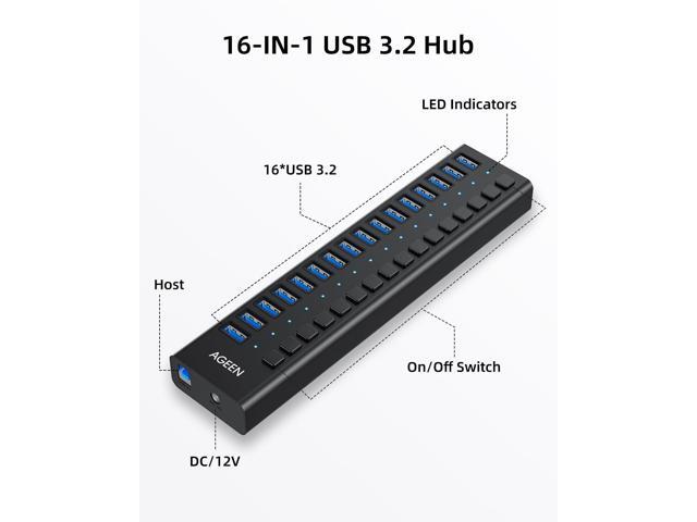 KEHIPI 16-Port USB 3.2 Gen 2 Hub, 10Gbps High-Speed Aluminum Powered Hub with 96W Adapter, Individual Switches & Surge Protection for PC/Laptop,...